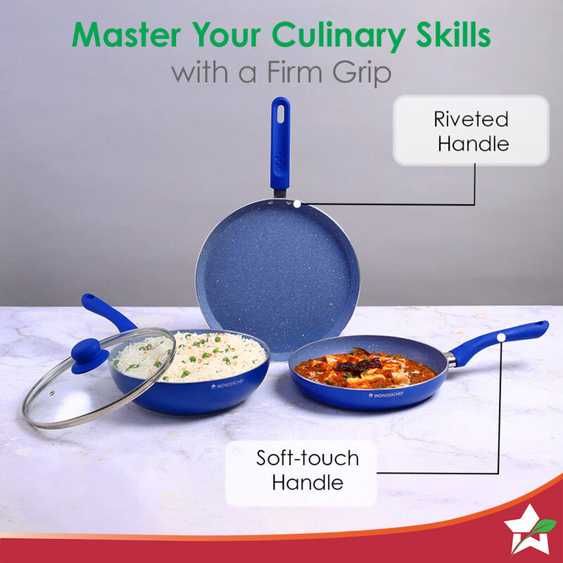 Royal Velvet Non-stick Cookware Set, 4Pc (Fry Pan with Lid, Wok, Dosa Tawa) Induction Bottom, Soft-touch Handles, Virgin Grade Aluminium, PFOA/Heavy Metals Free, 3mm, 2 Years Warranty, Blue - Image 4