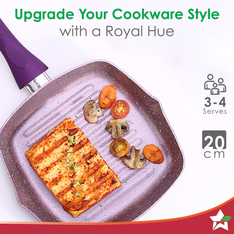 Royal Velvet 20cm Grill Pan | Soft-touch handles |Non – Toxic I Virgin Aluminium| 3 mm thick | 2 year warranty | Purple - Image 4
