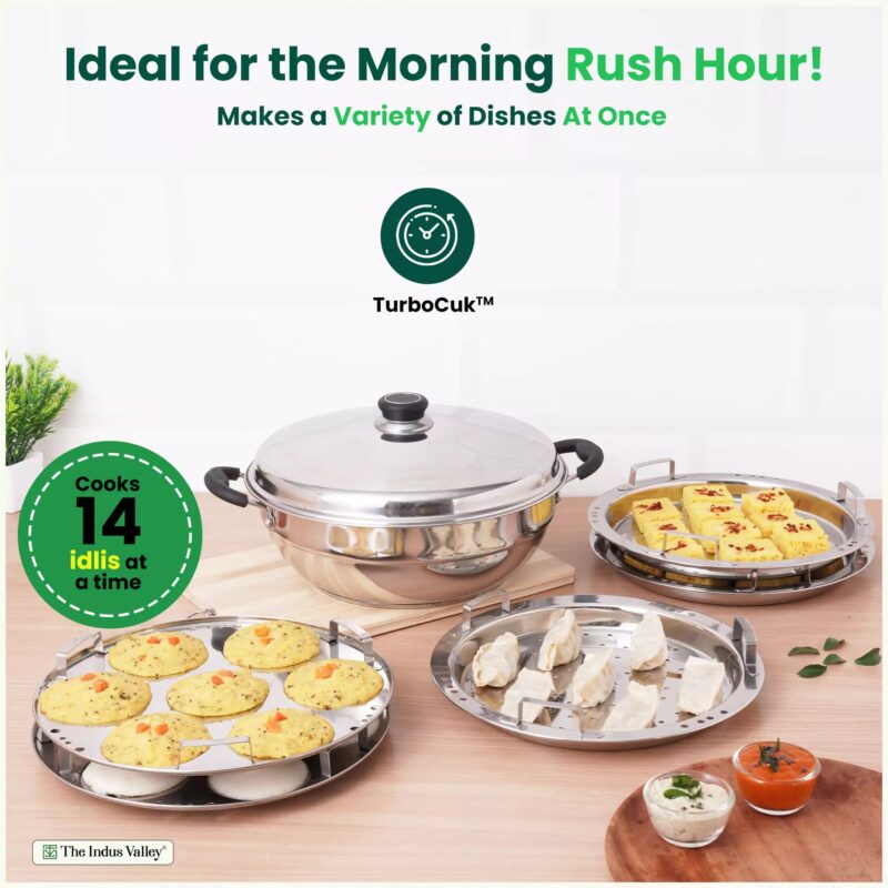 7 Pit Tri-Steel Premium Stainless Steel Idli/ Dhokla/ Momo Maker/ Multi Pot/ Veg Steaming Set, Tri-ply Induction Bottom, 5 Plates, 4.2L, 2.5kg - Image 6