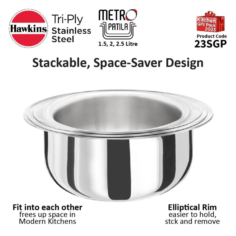 Hawkins Kitchen Gift Pack 2023 (23SGP) 3 Pieces Set of 1.5 Litre, 2 Litre and 2.5 Litre Triply Stainless Steel Patila, Tope, Bhagona, Tapeli, Saucepans Silver - Image 4