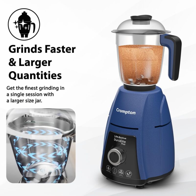 Crompton DuroElite Plus 800 W Mixer grinder with 4 Jars (3 stainless steel Jars+ 1.5L Juicer Jar with Fruit Filter)| Heavy Duty Powertron Motor & Motor Vent-X Technology |Blue - Image 6