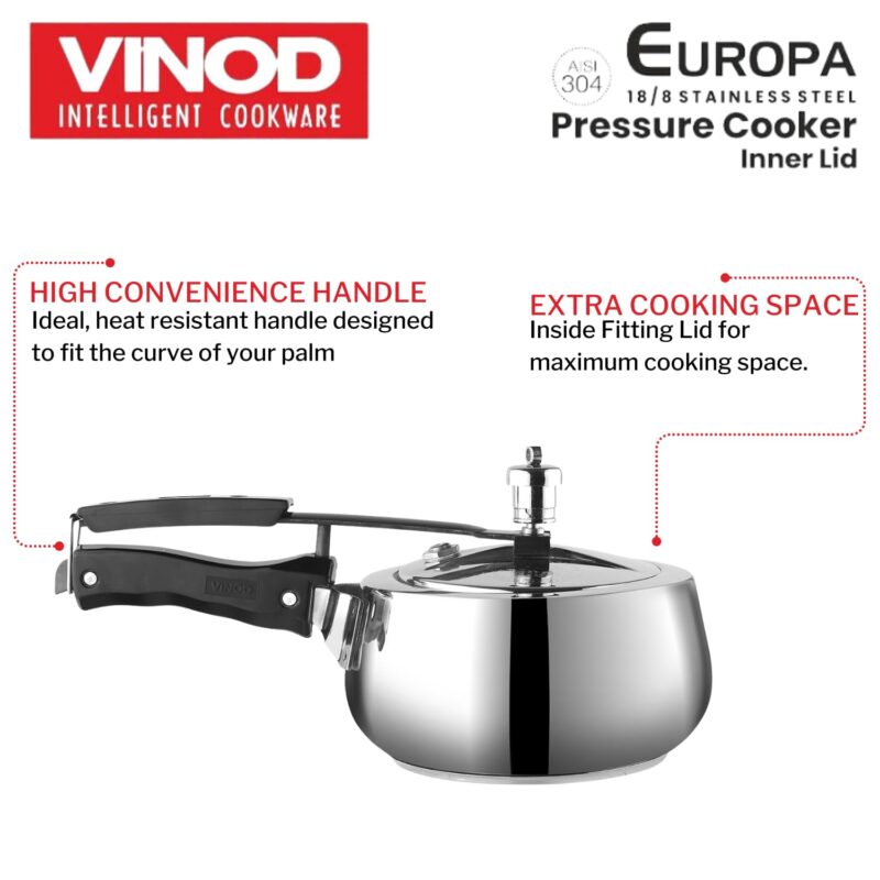 Vinod Europa Stainless Steel Inner Lid Pressure Cooker - 3 Litre | Handi Shape | Sandwich Bottom Cooker | Induction and Gas Base | ISI and CE certified - 2 Years Warranty - Image 7