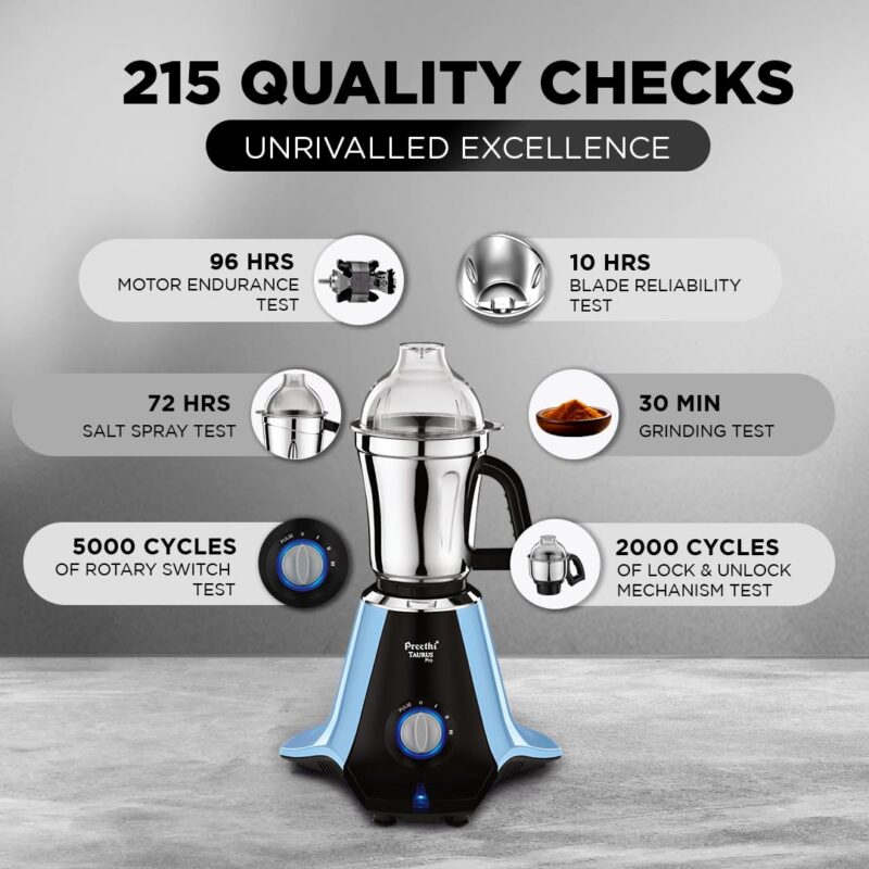 Preethi Taurus Pro Mixer Grinder for Kitchen, 3 Jars 1000 Watt Mixie, Dry and Wet Grinder Jar, 2 Year Warranty, Blue-Black, (Mg-259) - Image 4