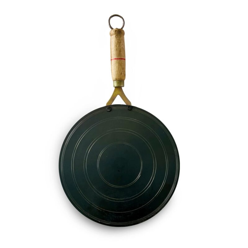 Kichera Traditional Iron Dosa Kal/Pure Iron Dosa Tawa with Wooden Handle 28cm/11 inch, 1kg | Gas Stove and Induction Friendly | Pre-Seasoned Black Flat Iron Tawa