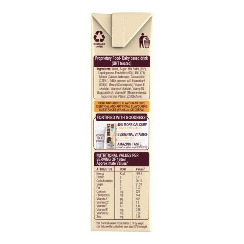 HERSHEY'S Cookies N Cream Flavored Milkshake | Enriched with Calcium | 180Ml - Pack of 6 - Cookies N Cream Flavor - Image 3