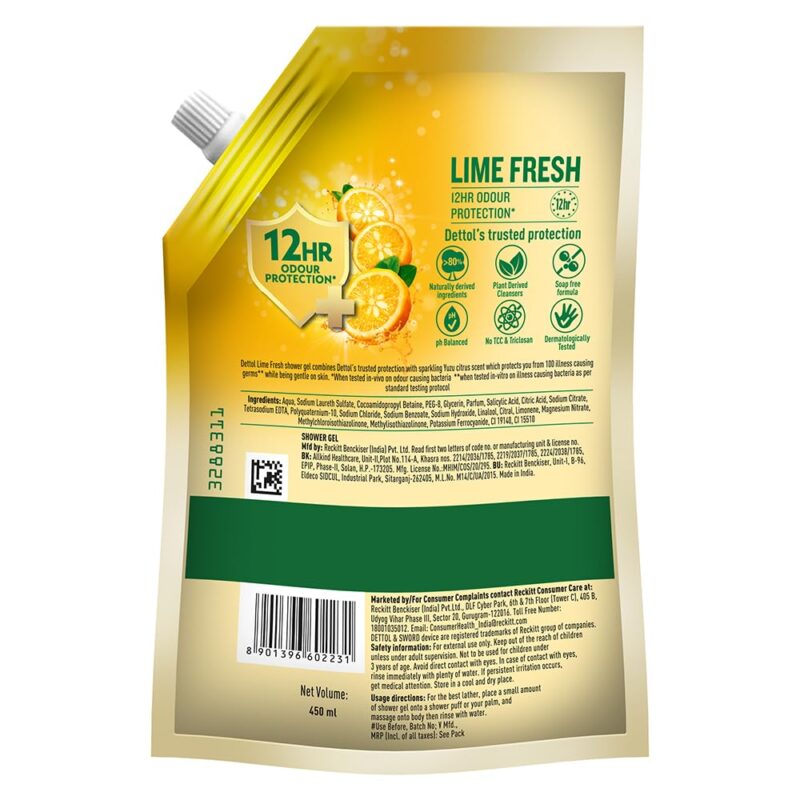 Dettol Body Wash and Shower Gel for Women and Men, Lime fresh - 450ml | Soap-Free Bodywash | 12h Odour Protection - Image 2