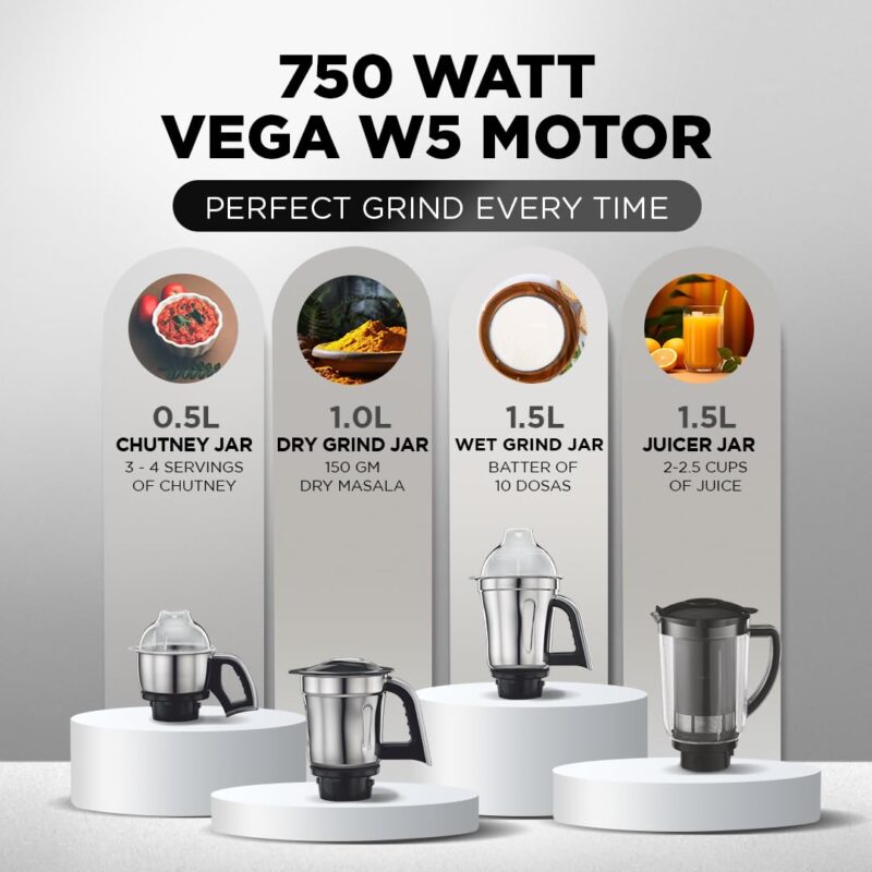 Preethi Steel Supreme Mixer Grinder for Kitchen, 750 Watt Mixie, 4 jars - Super Extractor juicer Jar, 5yr Warranty & Lifelong Free Service (MG-208) - Image 6