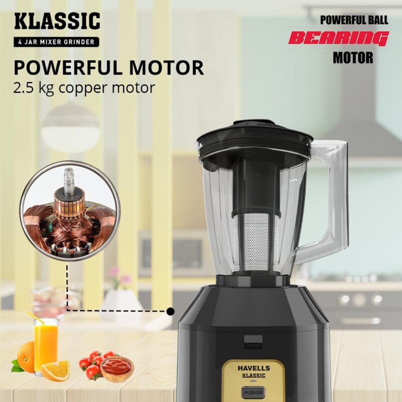 Havells Klassic 1000 watts 4 Jar Mixer Grinder I 2.5 Kg Double Ball Bearing Copper Motor I 22000 RPM I 100 Minutes Run Time I Metal Teeth Coupler & Jar Base I Polycarbonate Jar, Lids with Lock (Grey) - Image 8