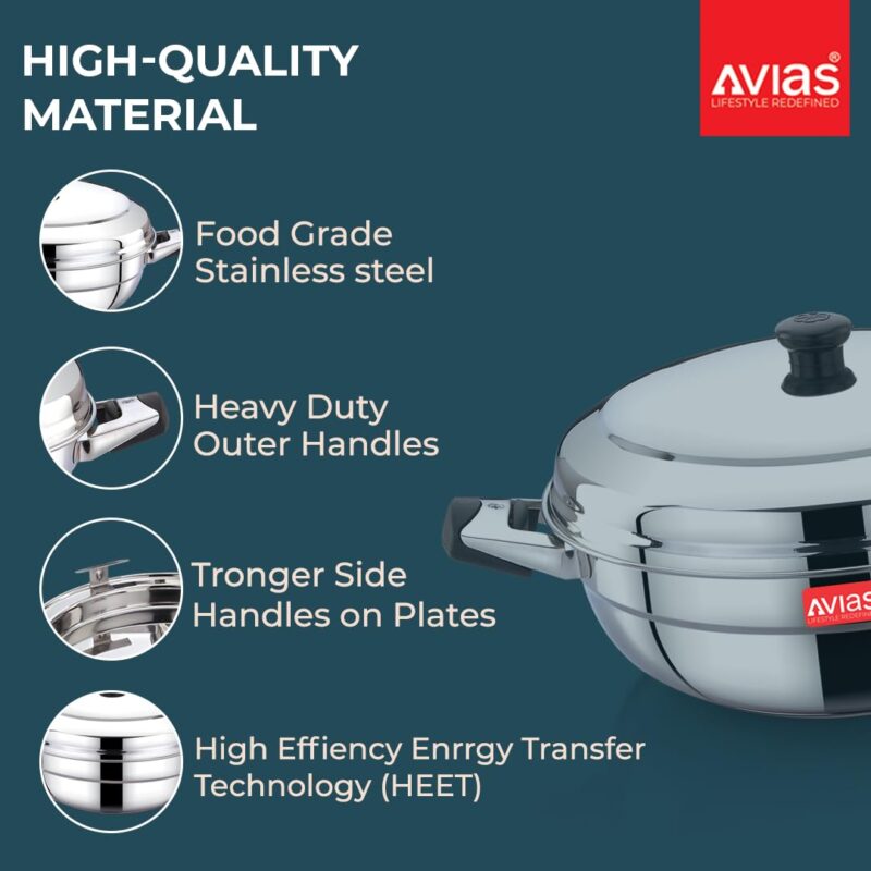 AVIAS All Rounder Premium Stainless Steel Induction Friendly Multipurpose Kadai, Kadhai Set with 6 Plates (1 Mini Idly Plate, 2 Big Idli Plates-14 Idlies, 2 Dhokla Plates, 1 Steamer Plate) - Image 7
