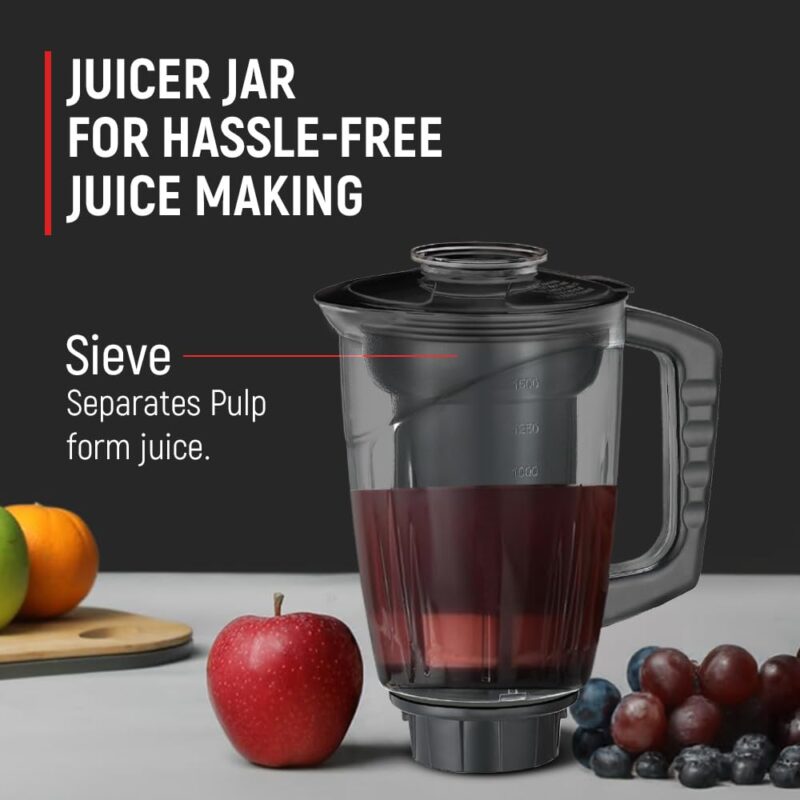 Prestige Hercules 1000W Mixer Grinder with 3 Stainless Steel jars & 1 Juicer jar|Flow-Breaker Design|Sturdy Handles|4 Super Efficient Blades|Black & Red - Image 4