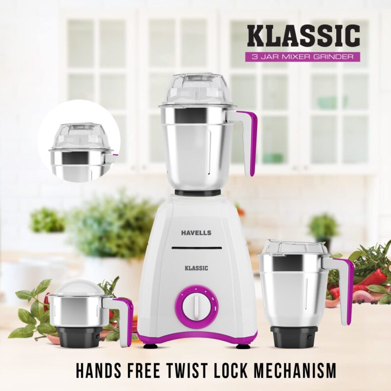 Havells Klassic 750 watts 3 Jar Mixer Grinder with 304 SS Blades, Large Size SS Jars, Break Resistant Polycarbonate Transparent Jar Lids With Twist & Lock Mechanism - Image 6