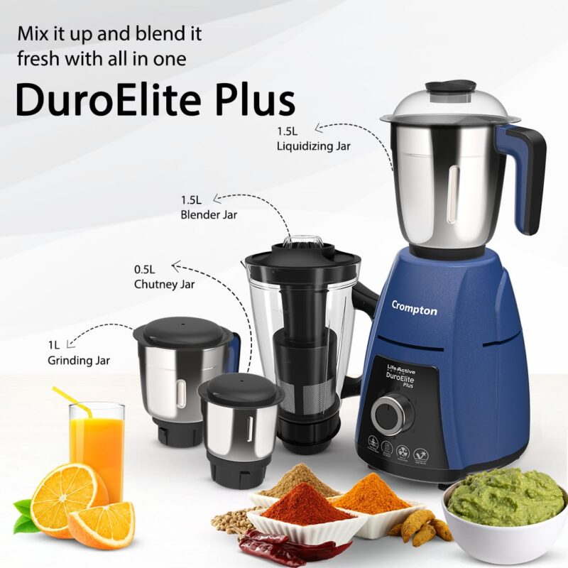 Crompton DuroElite Plus 800 W Mixer grinder with 4 Jars (3 stainless steel Jars+ 1.5L Juicer Jar with Fruit Filter)| Heavy Duty Powertron Motor & Motor Vent-X Technology |Blue - Image 2