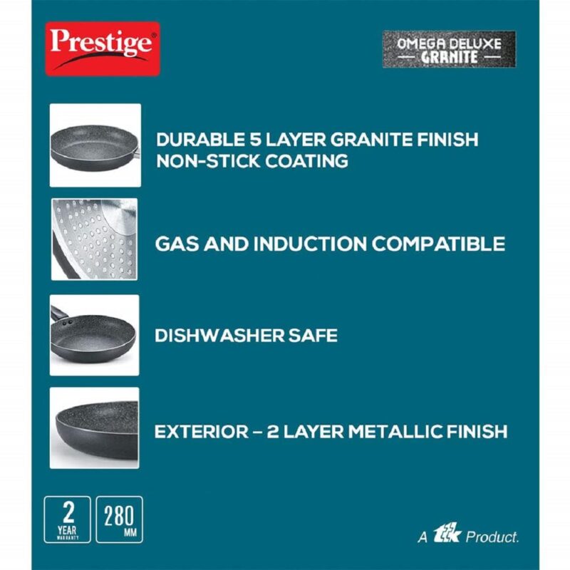 Prestige Omega Deluxe Granite Non-Stick Round Base Fry Pan, 28cm - 3L |Metal Spoon Friendly |Aluminium|Durable Granite Finish|Black - Image 4
