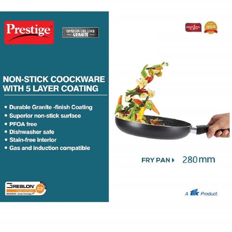 Prestige Omega Deluxe Granite Non-Stick Round Base Fry Pan, 28cm - 3L |Metal Spoon Friendly |Aluminium|Durable Granite Finish|Black - Image 6