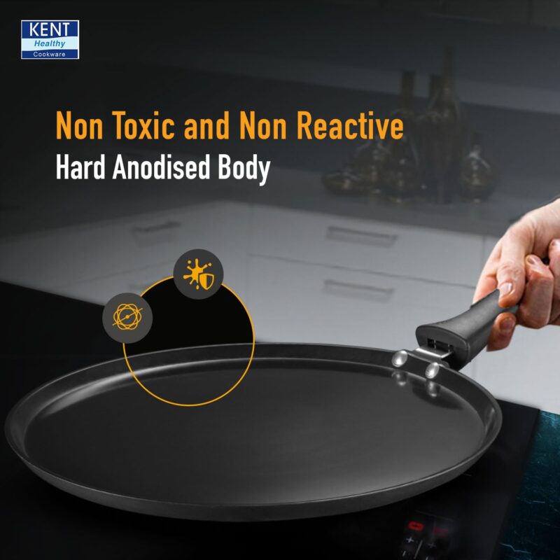 KENT Hard Anodised Dosa Tawa 30 Cm | Non Reactive, Non Toxic, & Non Staining Food Grade Surface. | 4.88Mm Thick Base For Uniform Heating | Induction Friendly, Black - Image 3