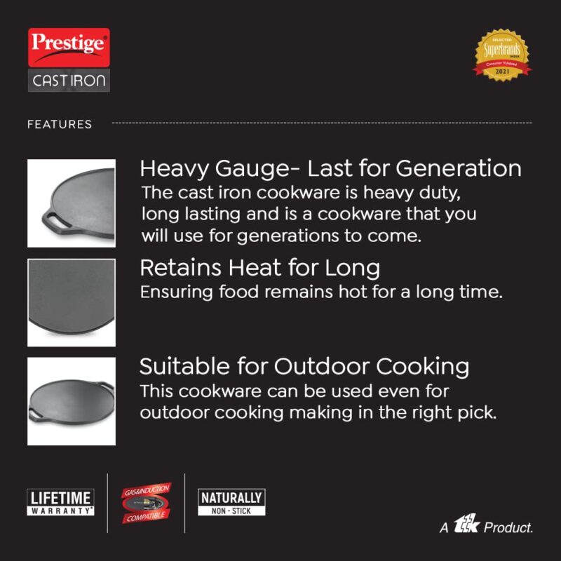 Prestige 30 cm Cast Iron Dosa Tawa|Super Durable(Lasts for Generation)|Retains Heat for Long|10 Years Warranty - Image 2