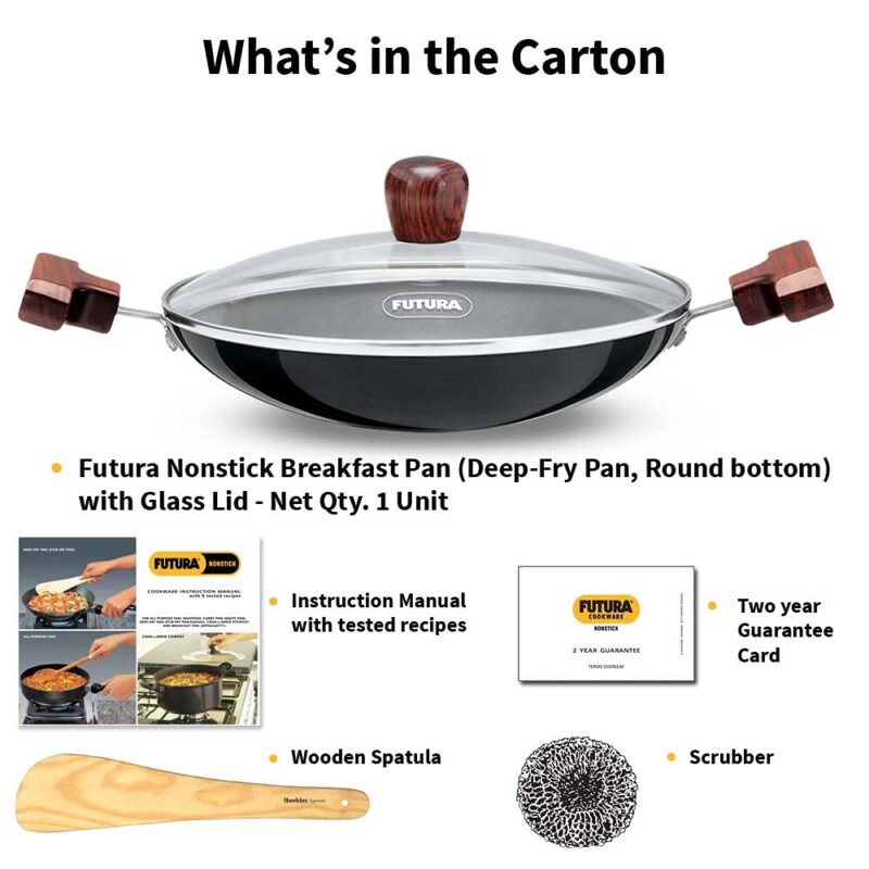 Hawkins FUTURA 0.9 Litre Breakfast Pan with Glass Lid, Nonstick Cookware, Appachatty, Chetty Pan, Appam Patra, Round Bottom Kadai, Black (NBFP09G) - 217 mm - Image 3