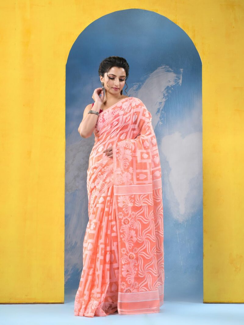 dB DESH BIDESH Women`s Resham Dhakai Jamdani Cotton Handloom Saree Playing Card Design Jamdani Saree (Orange White) - Image 8