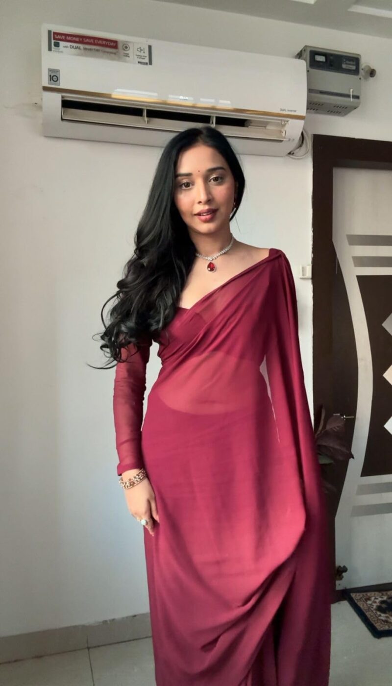 Stylescope Women's Plain Georgette Ready To Wear One Minute Saree With Unstitched Blouse Piece (Kalki Maroon_Maroon_Free Size) - Image 4