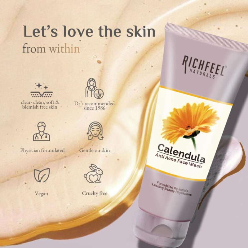 Richfeel Anti Acne Calendula Face Wash | Power of Soothing Calendula Extracts | For Skin prone to Acne & Blemishes | Physician Formulated | Helps Calm & Replenish Skin | 100 g - Image 6