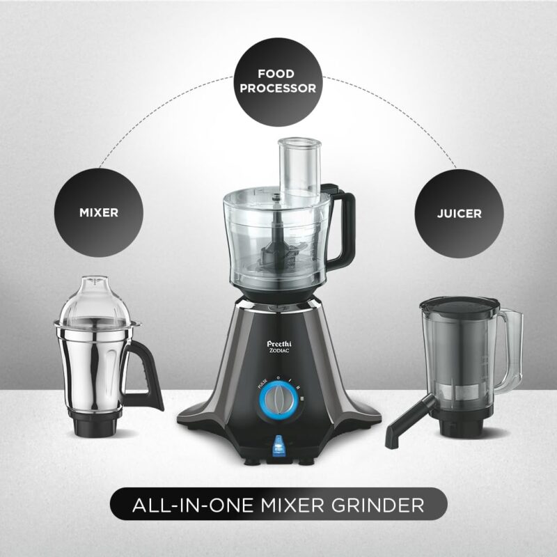 Preethi Zodiac Mg-218 Mixer Grinder for Kitchen, 5 Jars 750 Watt Mixie (3 Stainless Steel Jars +1 Juicer Jar+1 Master Chef Plus Food Processor Jar),Black/Light Grey - Image 6