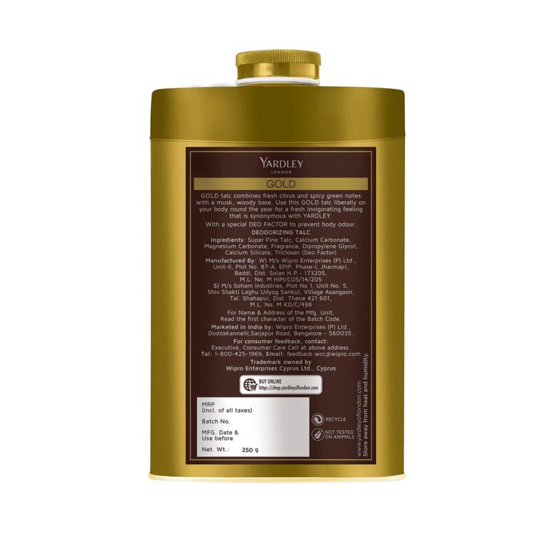 4x Yardley London Gold Deodorizing Talc| Fresh Woody Scent| Masculine Fragrance| Body Talc for Men| 250g - Pack of 4 - Image 5