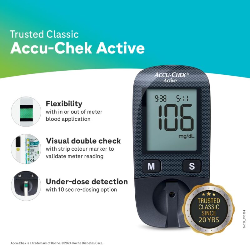 Accu-Chek Active Blood Glucose Glucometer Kit With Vial Of 10 Strips, 10 Lancets And A Lancing Device Free For Accurate Blood Sugar Testing - Image 7