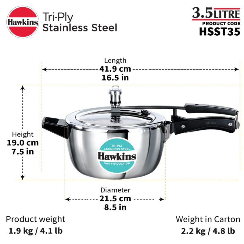 Hawkins 3.5 Litre Triply Stainless Steel Pressure Cooker, Inner Lid Cooker, Silver (HSST35) - Image 6