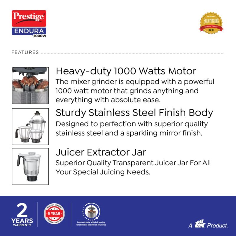 Prestige Endura 1000W Mixer Grinder with Ball Bearing Technology(Stainless Steel 4 Jars, Black & Silver) - Image 6