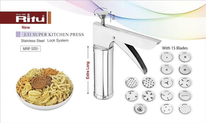Ritu Stainless Steel Kitchen Press with Different Types of Jalies, Murukku Maker/Bhujiya Maker/Noodles/Cookies/Namkeen/Chakali Maker/Sev Maker/Farsan Maker/Gathiya Maker - Image 7