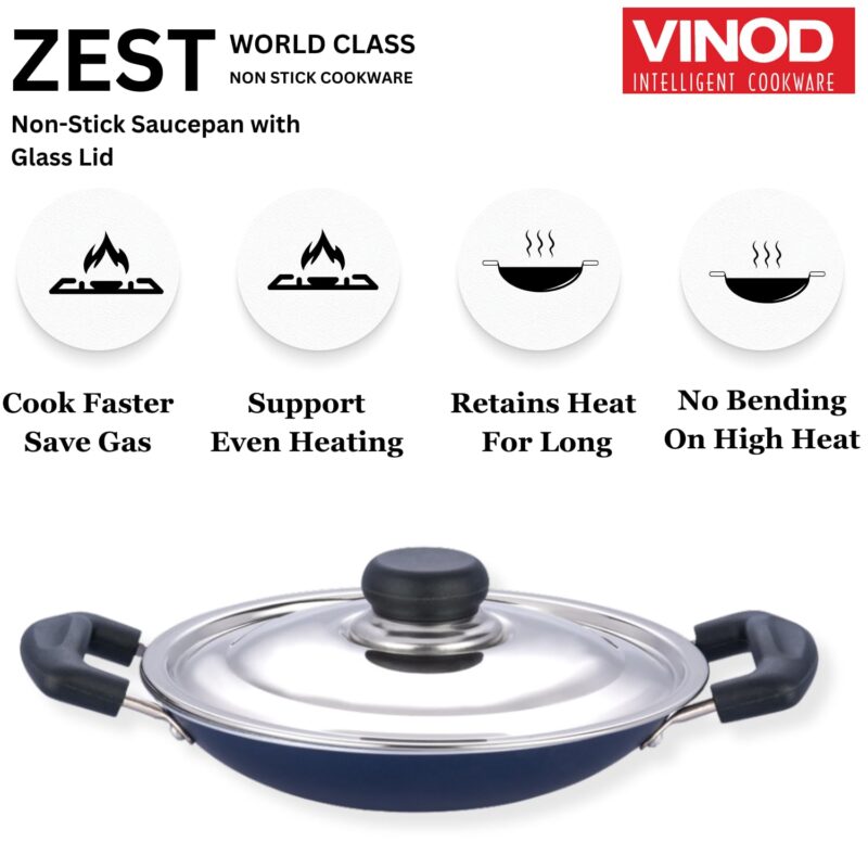 Vinod Zest Non Stick Appachetty with Lid - 20 cm| Appam Pan | 3 mm Extra Thick | 3 Layer Coating | Metal Spoon Friendly | Bakelite Handle | Gas Base | 1 Year Warranty - Blue - Image 8
