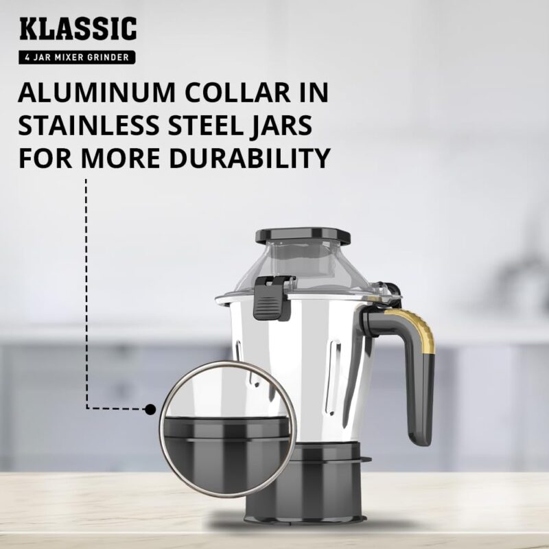 Havells Klassic 1000 watts 4 Jar Mixer Grinder I 2.5 Kg Double Ball Bearing Copper Motor I 22000 RPM I 100 Minutes Run Time I Metal Teeth Coupler & Jar Base I Polycarbonate Jar, Lids with Lock (Grey) - Image 6