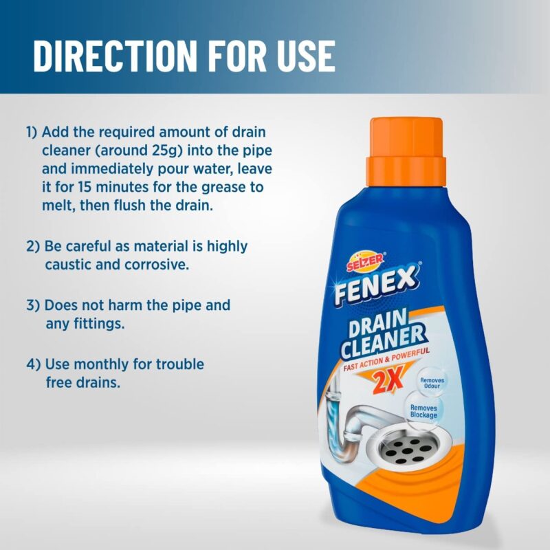 Selzer Fenex Drain Cleaner With Fast Action & Powerful Formula for Washbasin, Sinks And Pipes - 500 gm (Pack of 1) - Image 4