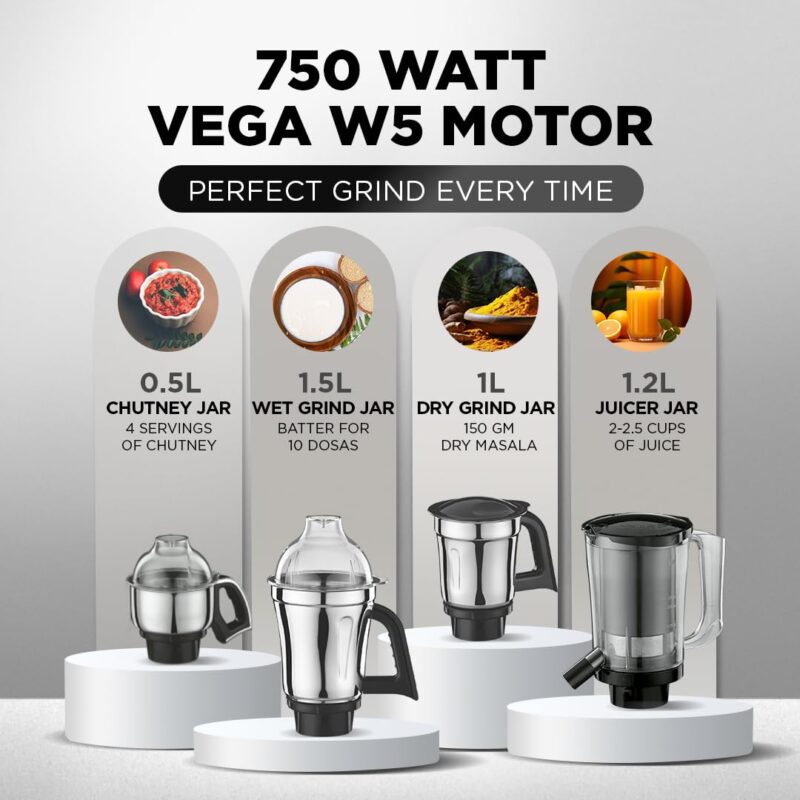 Preethi Zodiac Black Mixer Grinder for Kitchen, 5 Jars 750 Watt Mixie with Chutney Jar, Dry Grinding, Batter Grinding, Juicer & Masterchef Jar for chopping/grating (MG-261) - Image 5