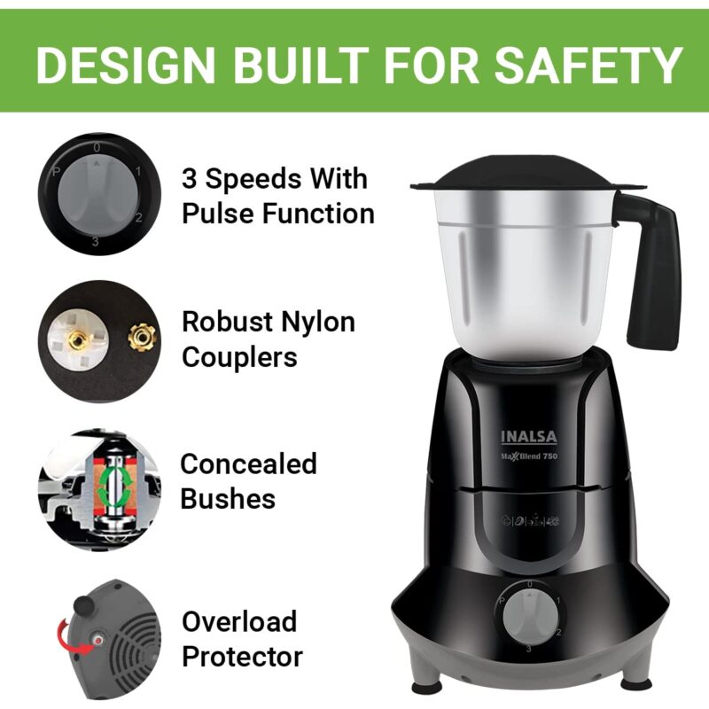 INALSA Mixer Grinder 750Watt- MaxxBlend 750 with 3 Stainless Steel Jars (For Dry Grinding, Wet Grinding, Chutneys, (Black/Grey) - Image 5