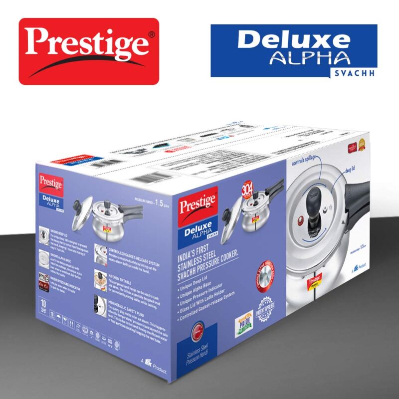 Prestige Deluxe Alpha Svachh Stainless Steel Pressure Cooker 1.5L With Glass Lid (With Deep Lid For Spillage Control ) - Image 3
