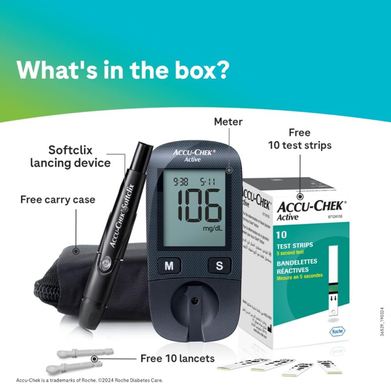 Accu-Chek Active Blood Glucose Glucometer Kit With Vial Of 10 Strips, 10 Lancets And A Lancing Device Free For Accurate Blood Sugar Testing - Image 2