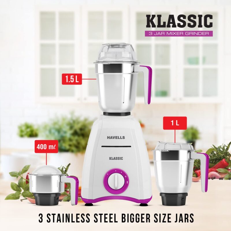 Havells Klassic 750 watts 3 Jar Mixer Grinder with 304 SS Blades, Large Size SS Jars, Break Resistant Polycarbonate Transparent Jar Lids With Twist & Lock Mechanism - Image 8