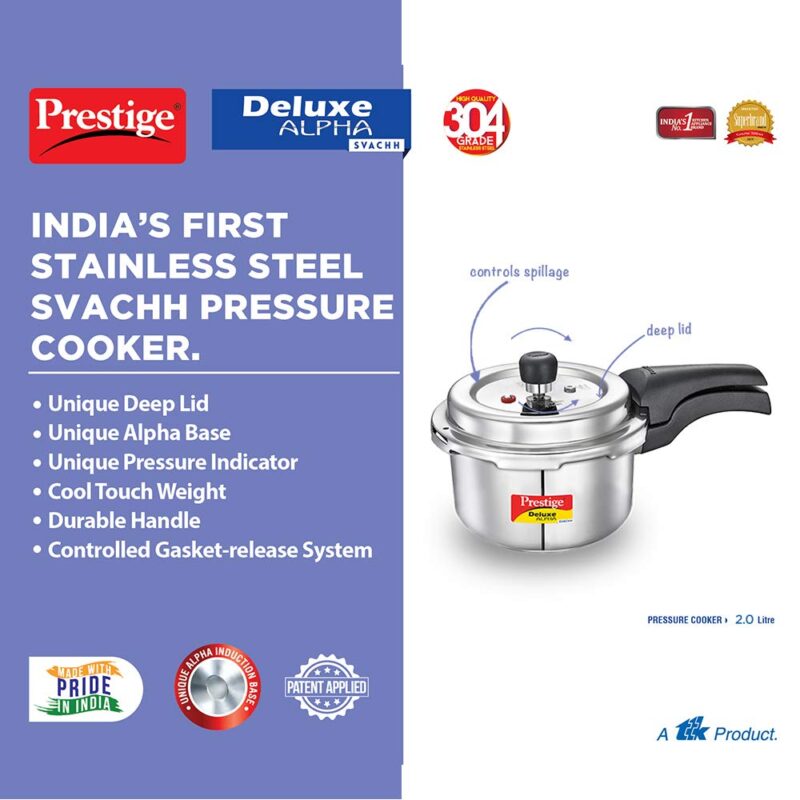 Prestige Svachh Deluxe Alpha 2.0 Litre Stainless Steel Outer Lid Pressure Cookers, Silver, 2 Liter - Image 5