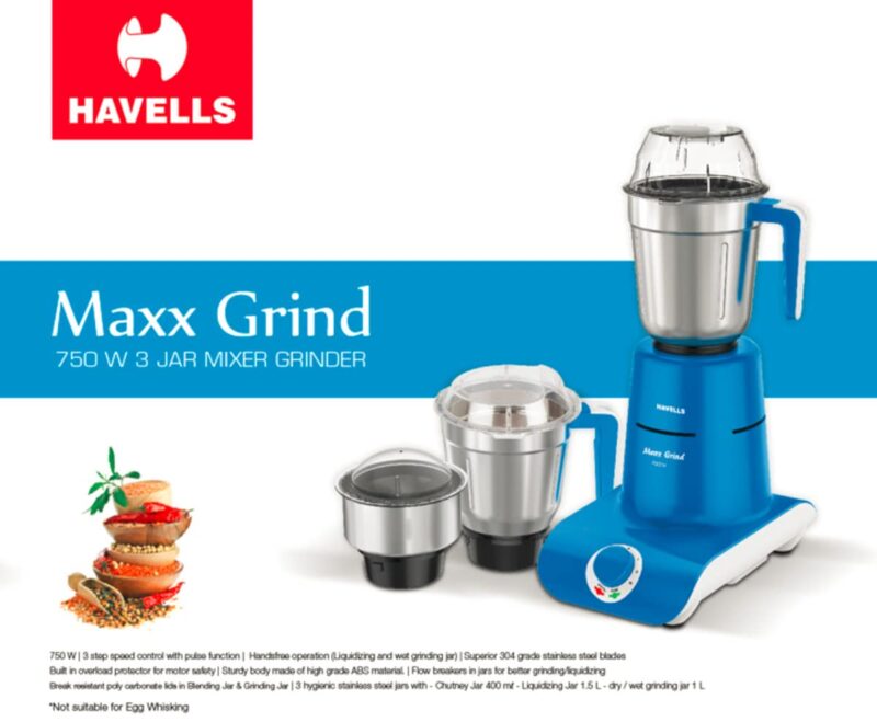 Havells Maxx Grind 750 watt Mixer Grinder with 3 Wider Mouth Stainless Steel Jar, Hands Free Operation, SS-304 Grade Blade, Overload Indicator & 5 Year Motor Warranty (Blue). - Image 7