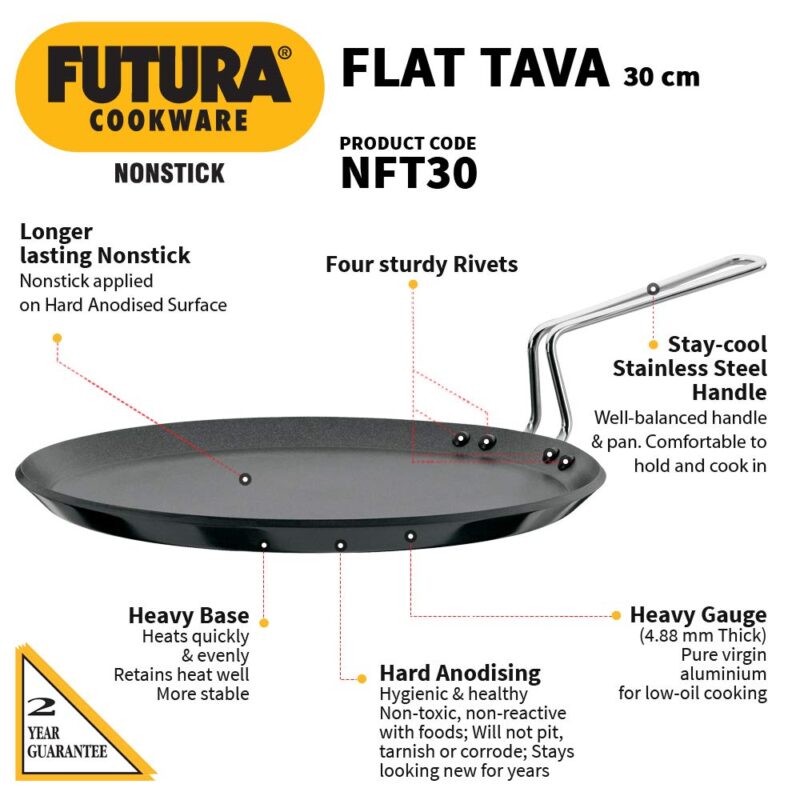 Hawkins Futura 30 cm Flat Tava, Non Stick Tawa with Stainless Steel Handle, Tawa with Rim, Pancake Pan, Flat Pan, Black (NFT30) - Image 7