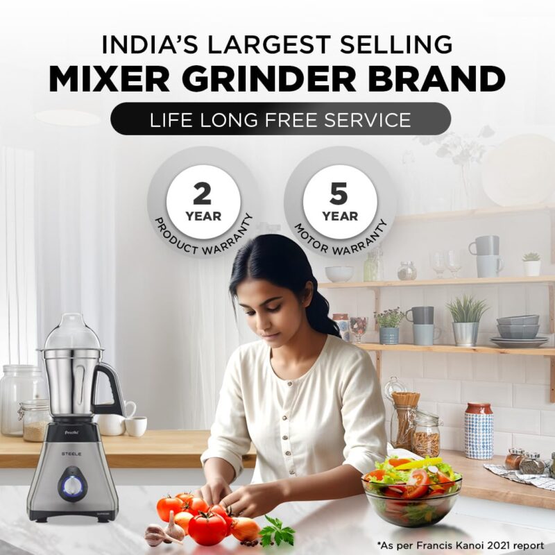 Preethi Steel Supreme Mixer Grinder for Kitchen, 750 Watt Mixie, 4 jars - Super Extractor juicer Jar, 5yr Warranty & Lifelong Free Service (MG-208) - Image 3