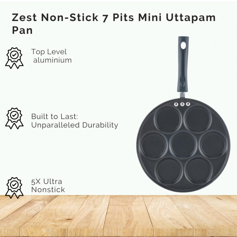 Vinod Zest Aluminium Non Stick Mini Uttapam Pan - 7 Cavaties, 26 cm | 3mm Thick | 3 Layer Coating | Bakelite Handle | Metal Spoon Friendly| Gas Base | 1 Year Warranty - Blue - Image 4