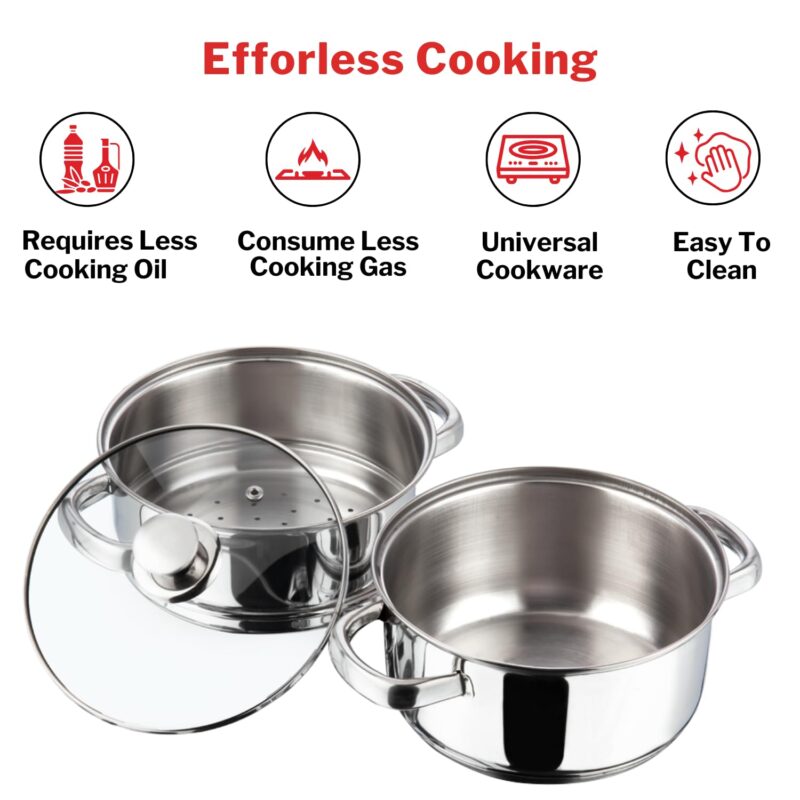 Vinod Stainless Steel Steamer 2 Tier with Glass Lid 18 cm | 2.5 mm Thick Base | Multi Purpose Momos, Modak Maker Steamer | Induction and Gas Base | 2 Year Warranty - Silver - Image 5