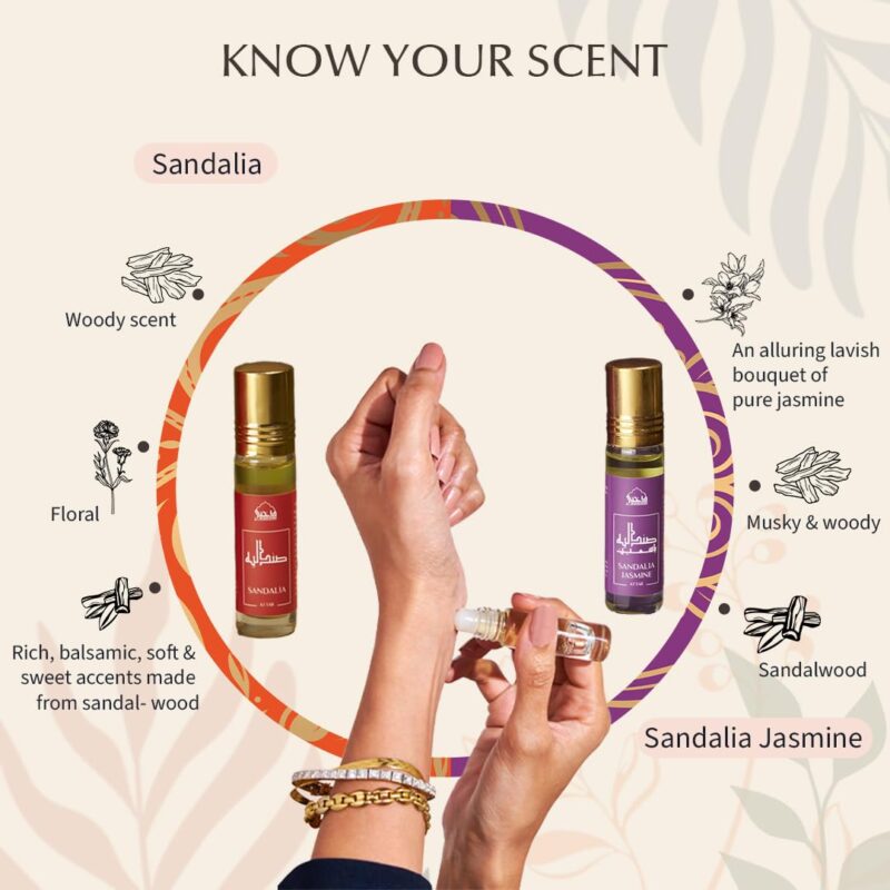 Sandalia Attar & Sandalia Jasmine Attar Oil by Dukhni | 2 x 6ml Arab perfume oils for men and women | 100% pure ittar roll on perfume, chandan, sandal, sandalwood oil, mogra | Islamic Fragrances - Image 5