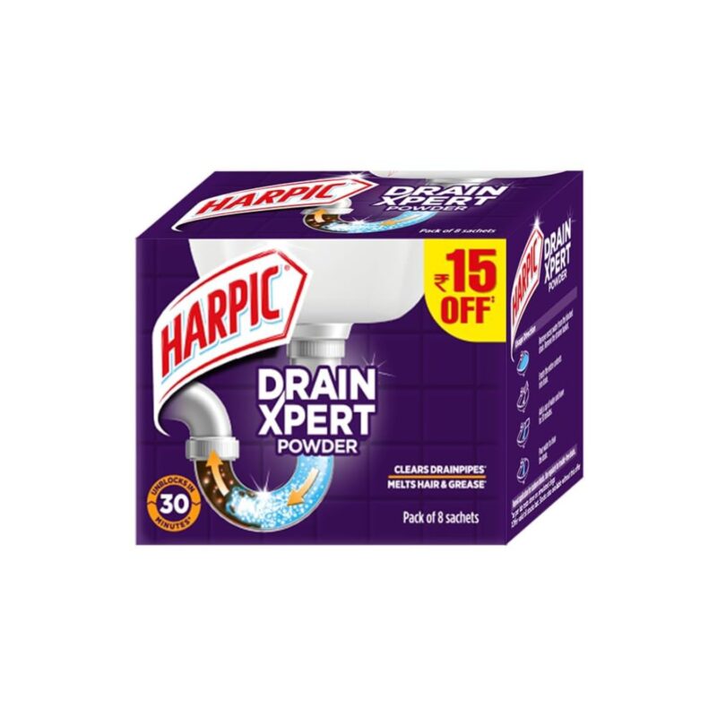 Harpic (50g x 8), DrainXpert Drain Cleaner Powder | Effective Sink Cleaner, Drain Blockage Remover, Drain Pipe Cleaner - Image 8