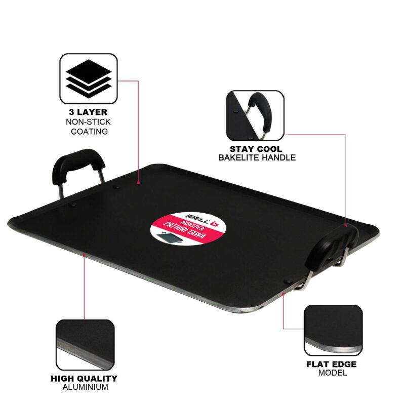 IBELL 3833DLX Non Stick Tawa, Dosa Roti Chapati Pathiri Tawa, Large Rectangular Aluminium Body with Bended Edge, 37.5cm x 31.5cm with 5mm Thickness (Black) - Image 5