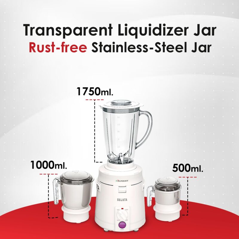 Sujata Supermix 900 Watts Mixer Grinder | 22000 Rotations Per Min | 90 Minutes Continuous Running | 3 Versatile Jars 1750 ml, 1000 ml and 400 ml - Image 3
