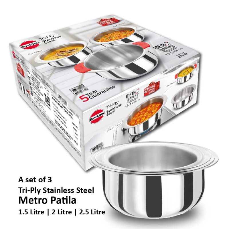 Hawkins Kitchen Gift Pack 2023 (23SGP) 3 Pieces Set of 1.5 Litre, 2 Litre and 2.5 Litre Triply Stainless Steel Patila, Tope, Bhagona, Tapeli, Saucepans Silver - Image 7