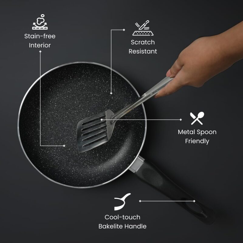 Prestige Non-Stick Omega Deluxe Granite Fry Pan | 24 Centimetre | Black | Induction Base | 5 Layer Non-Stick Cookware | Dishwasher Safe | 2-Layer Metallic Finish - Image 2